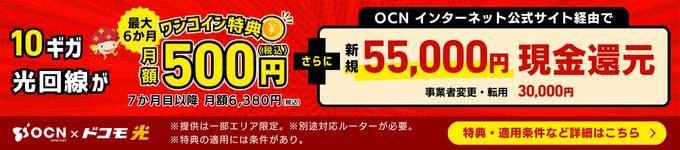 10ギガ光回線がOCN×ドコモ光お申込みでワンコイン特典：最大6カ月間月額500円（税込）さらにOCN インターネット公式サイト経由で新規5万5千円現金還元